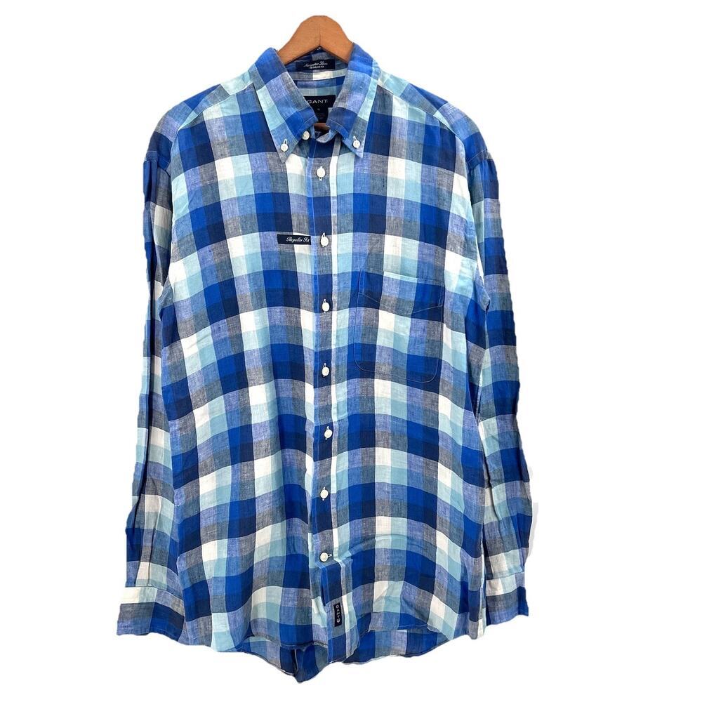 GANT Blue Check 100% Linen Long Sleeve Button Down Shirt Mens Medium